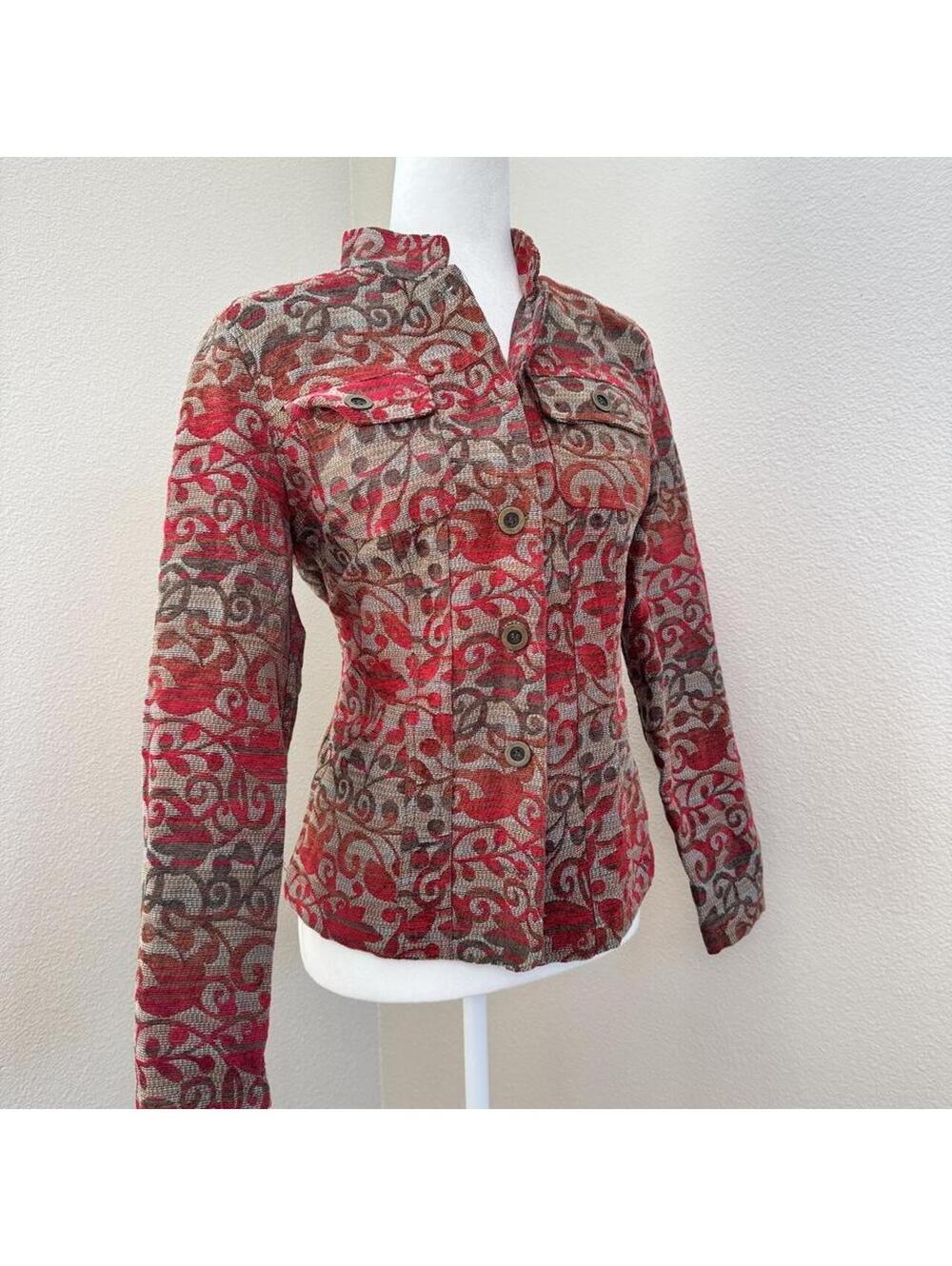 Christopher & Banks red and brown floral and swirl pattern jacket in size S